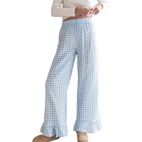 Womens Gingham Pants Wide Leg Lounge Pants Y2k Plaid Print Ruffle Hem Loose Trouser