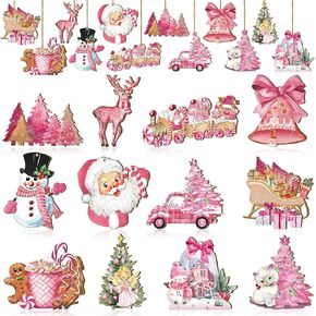 Huwena Pink Christmas Tree Hanging Ornament Vintage Wooden Christmas Ornaments Rustic Xmas Wooden Hanging Ornaments Christmas Tree Decoration for Christmas Party (Cute Style,36 Pcs)