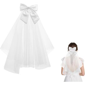 Bridal Veil for Wedding Short Veil for Brides 20 inch Simple Small Veil Wedding 2 Tier Veil with White Satin Bow Clip Tulle Bow for Wedding Dresses Bachelorette Flower Girl Veil Bridal Shower