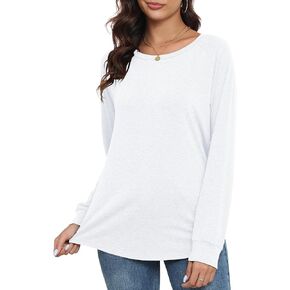 PRIMODA Women's Loose Fit Raglan Long Sleeve Shirts Round Neck Tunic Tops Curved Hem Long T Shirt