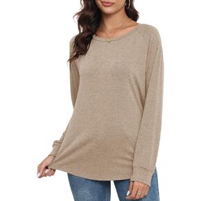 PRIMODA Women's Loose Fit Raglan Long Sleeve Shirts Round Neck Tunic Tops Curved Hem Long T Shirt