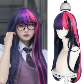 JoneTing 70cm 27inch Twilight Sparkle Wig【+Wig Cap】 Women Long Straight Purple Mix Pink Wig with Bangs Purple Pink Wig Women Long Wavy Purple Pink wig with bangs Halloween Theme Party Costume Outfit