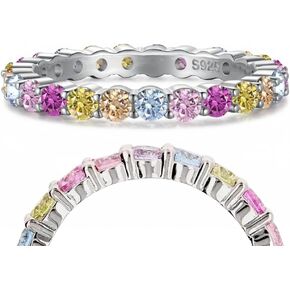 ARTLOVER Multi-Color High-Carbon Diamond Eternity Ring for Women | Stackable S925 Sterling Silver 14K White Gold-Plated Promise, Engagement, and Wedding Band