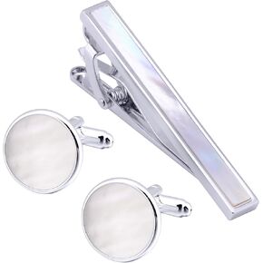 Mother of Pearl Shell Men Cufflinks and Tie Clip Set Silver Polished Round Men Cufflinks Regular Necktie Tie Pin for Wedding Party Business Birthday Anniversary Dress