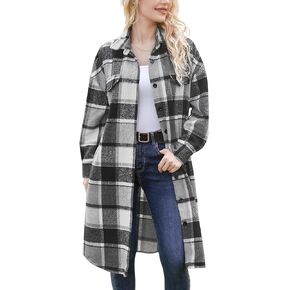 Women's 2024 Plaid Shacket Jacket Casual Button Wool Blend Long Tartan Trench Coat with Pockets Fall Winter