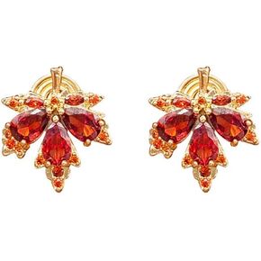 Dainty Maple Leaf Clip On Non Piercing Earrings for Women Cubic Zirconia Red Crystal Autumn Fall Leaves Fake Earring Fashion Thanksgiving Christmas Jewelry Gifts for Daughter Hypoallergenic Clips