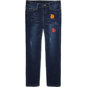 KIDSCOOL SPACE Big Girls Jeans,Elastic Band Inside Maple Leaf Decor Ripped Stretchy Soft Denim Pants
