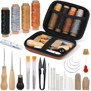 FTEVEN Leather Repair Sewing Kit, 39Pcs Leather Working Tools Leather Stitching Sewing Kit with Waxed Thread, Sewing Awl and Hand Sewing Needles for Carpet Shoes Backpack Repair