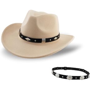 Western Cowboy Hat for Women Men Wide Brim Felt Black Cattleman Hats with Belt Buckle for Cowgirls