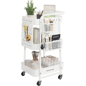 SONGMICS 3-Tier Storage Cart, Rolling Utility Cart, Metal Mesh Shelves, 2 Removable Pegboards, 2 Hanging Holders, 4 Hooks, Craft Cart for Living Room, Kitchen, Office, Bathroom, Cloud White ULRC037W01