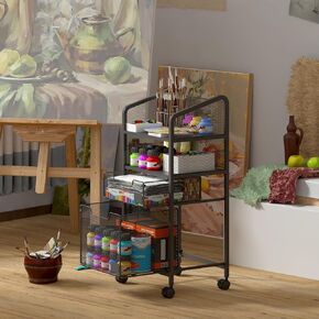 4-Tier Rolling Cart with Wheels - Metal Utility Cart on Lockable Wheels with Drawers & Multifunctional Fruit Vegetable Book Art Supply Storage Organizer Cart for Office,Kitchen,Craft Room,Living Room