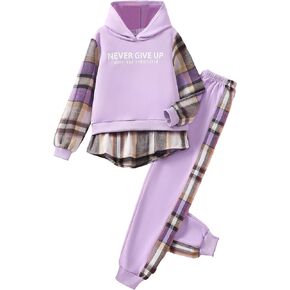 Hilinker Girls Plaid 2 Piece Outfits Graphic Color Block Hoodie and Sweatpants Set