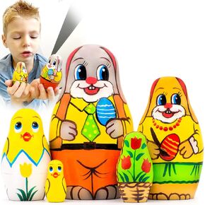 AEVVV Easter Nesting Dolls Set 5 pcs - Handmade Russian Matryoshka Stacking Doll - Easter Wooden Cartoon Bunny Decorations Gifts