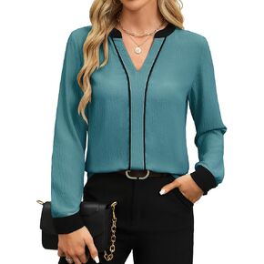 Fayenne Womens Tops Dressy Casual V Neck Color Block Business Casual Blouses Long Sleeve Work Shirts Fall Trendy Clothes