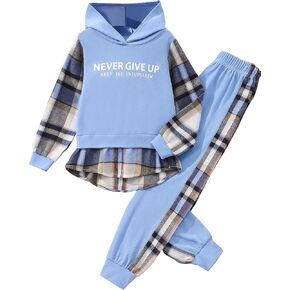 طقم ملابس منقوشة للفتيات من Hilinker مكونة من قطعتين مع قلنسوة وسراويل رياضية ملونة in Kuwait