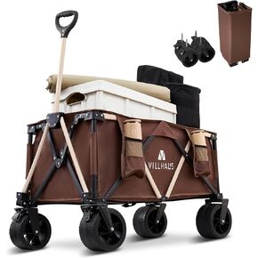 VILLHAUS Collapsible Folding Wagon Cart, 330 lbs, 5.7 cu.ft Capacity Outdoor Utility with 6.8" Removable Wheels