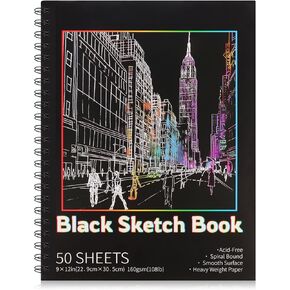 50 Sheets Black Paper Sketchbook, 108 lb/160gsm Heavyweight Black Sketch Pad 9×12in, Acid-Free Drawing Paper, Spiral Bound Black Sketchbook for Kids, Teens, Artist, Gift
