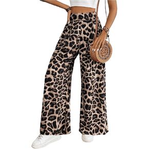 بنطال SweatyRocks النسائي بطبعة جلد الفهد عالي الخصر وواسع الساق، بنطال طويل كاجوال in Kuwait