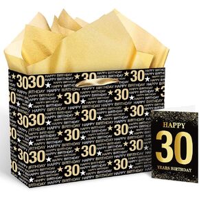 RUMIA Black Gold 30th Birthday Gift Set - Gift Bag, Tissue Paper, Greeting Card & Wrapping Paper for Birthday Party Supplies in Kuwait