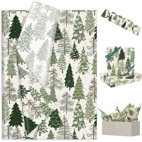JarThenaAMCS 100 Sheet Christmas Tissue Paper Watercolor Forest Art Tissue Green Xmas Tree Wrapping Paper for Winter Birthday Wedding DIY Craft Gift Packing, 14 x 20 Inch