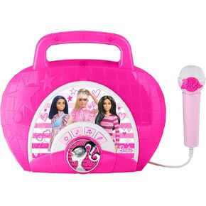 eKids Barbie Sing Along Boombox with Microphone, Built in Music, Flashing Lights, Real Working Mic for Kids Karaoke Machine, Connects Mp3 Player Aux in Audio Device