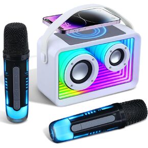 Mini Karaoke Machine for Kids Adults, Portable Bluetooth Speaker with 2 Wireless Microphones and Wireless Charger, Toys with Lights Birthday Gifts for Girls Boys Birthday Holiday Home Party(White)