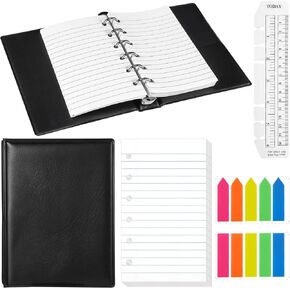 Mini 6 Ring Binder and 3 x 5 Inch Refill Paper Set,1 Black Refillable Binder,100 Lined Loose Leaf Paper, 1 Translucent Bookmark Ruler, 200 of Colorful Index Sticky Tabs for Office