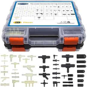 34 Sizes Automotive Vacuum Tubing Connector & 9 Sizes Vaccum Caps, Vacuum Tee Connector Assortment Kit, Total 248PCS Packed Double Side Tool Organizer