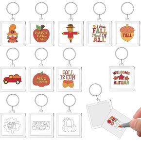 24 Pcs Acrylic Fall Keychains Crafts Color Your Own Fall Keychains Bulk DIY Fall Paper Crafts Kit Fall Gifts for Fall Thanksgiving Party Favor Gifts Activities, 12 Styles