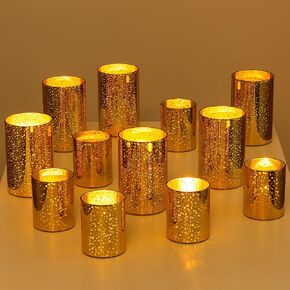 Glasseam Gold Hurricane Candle Holder: Mercury Glass Candle Holders Set of 12 Modern Pillar Candle Holder Cylinder Vases for Centerpieces Wedding Table Christmas Halloween Decorations (D:3.15"+3.74")