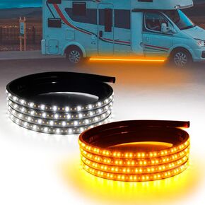 2Pcs LED Running Board Lights 8 Feet LED Side Maker Light Sequential Amber Turn Signal Lights ＆ White Courtesy Light 12V-14V Emergency LED Lighting Strips Extended Crew Cab RV Trailer