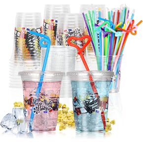 16 oz Movie Night Party Cups with Lids and Straws Clear Plastic Party Favor Cups for Snack Trays Holder Movie Night Supplies for Family Party (50Sets/150Pcs)