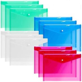 12 Plastic Envelopes Clear Document Folders Poly Envelope Folders Transparent Project Envelope Folders with Snap Button Closure A4 Letter Size File Envelopes (4 Colors)
