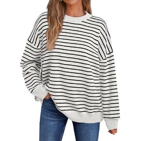 LILLUSORY Womens Oversized Sweaters Crewneck Striped Long Sleeve Lightweight Pullovers Knitted Tops Fall Outfits 2024