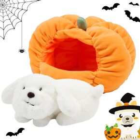 Hopearl Halloween Cat Pumpkin Cave Sufffed Animal 2 in 1 Playset Pet with Pumpkin House Plush Toy Pillow with Separable Kitty Gift for Kids, 9.5''