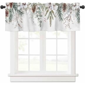 Christmas Eucalyptus Leaf Valance Curtains for Kitchen Window 42" W x 12" L, Winter Cotton Flowers Plants Rod Pocket Small Curtain for Living Room Pine Branch Pine Cones Valances for Bathroom/Bedroom