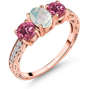 Gem Stone King 1.75 Ct Oval Cabochon White Simulated Opal Pink Tourmaline 18K Rose Gold Plated Silver Ring