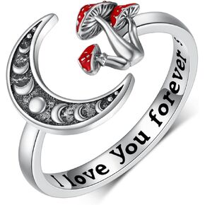 Mushroom Moon Ring for Women,925 Sterling Silver Magical Red Mushroom Rings Moon Phase Open Rings,Anniversary Birthday Gifts for Girlfriend Teen Girls