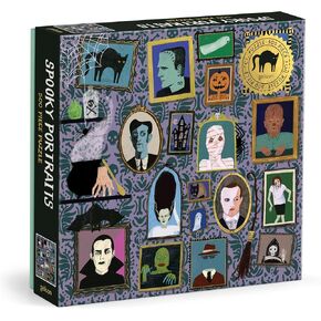 Galison Spooky Portraits – 500 Piece Foil Jigsaw Puzzle Featuring Scary Artwork of A Victorian Style Wall Filled Spooky Portraits with Gold Foil Accents