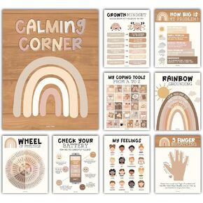 9 Boho Calming Corner Posters For Classroom Must Haves For Teachers - Calm Down Corner Supplies Elementary, Feelings Chart For Kids Ages 4-8, Emotions Chart For Kids, Calming Corner Items Kids