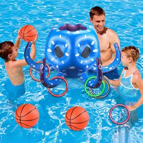 BULINGNA Kids Octopus Pool Toys, Inflatable Pool Basketball Hoop & Ring Toss Outdoor Games, Cool Summer Water Toys Birthday Gift for 3-8T Girls Boys & Adult (Blue, One Size)