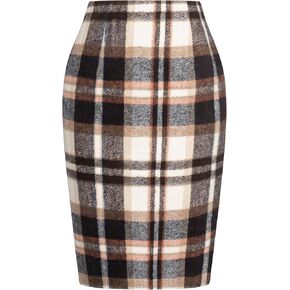 Kate Kasin Womens Wool Plaid Pencil Skirt High Waist Slit Stretchy Bodycon Fall Winter Knee Length Midi Skirt