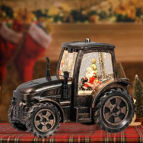 Christmas Snow Globe, Green Tractor Snow Globe, 6H Timer, Battery & USB Powered Lighted Musical Christmas Lantern, Spinning and Swirling Glitter Christmas Decorations Gifts for Old Man, Father