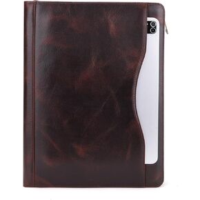 Genuine Leather Portfolio with Outside Pocket, Dual Zippers, Business Padfolio Folder Organizer Gift for Women Men, Dark Khaki