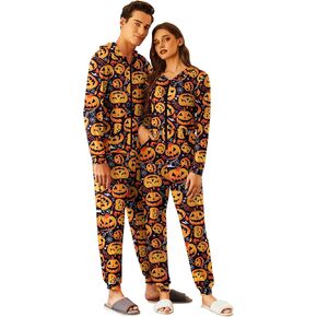 Ekouaer Halloween Matching Onesie for Couples Zipper One Piece Pajamas Adult Hooded Jumpsuit with Pockets