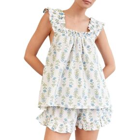 Wyeysyt Womens Floral Pajama Sets Ruffle Trim Cami Top and Shorts 2 Piece Sleepwear Set Pjs