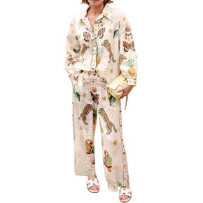Kissonic Womens Summer Print 2 Piece Pajama Boho Long Sleeve Shirt Top