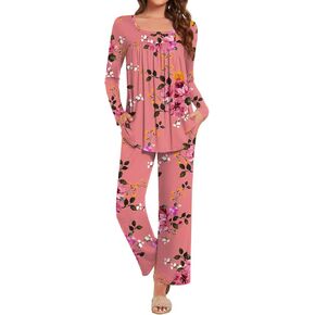 Anydeer Women's Pajamas Sets Long Sleeve 2 Piece Fall Lounge Set Soft Pjs Long Pant With Pockets