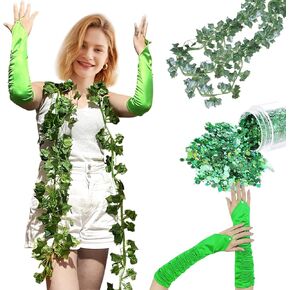 Halloween Ivy Costume accessories, 8pcs green Cosplay costume set, long green fingerless gloves artificial Green vine face sequin set Halloween party costume accessories Cosplay party supplies