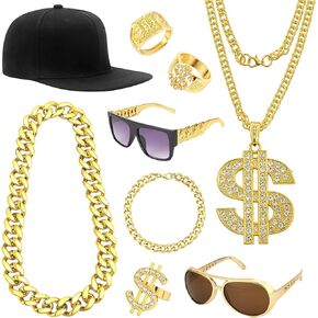 80s 90s Hip Hop Costumes Outfit for Men Gold Chain Dollar Sign Money Chain Punk Sunglasses Rapper Accessories